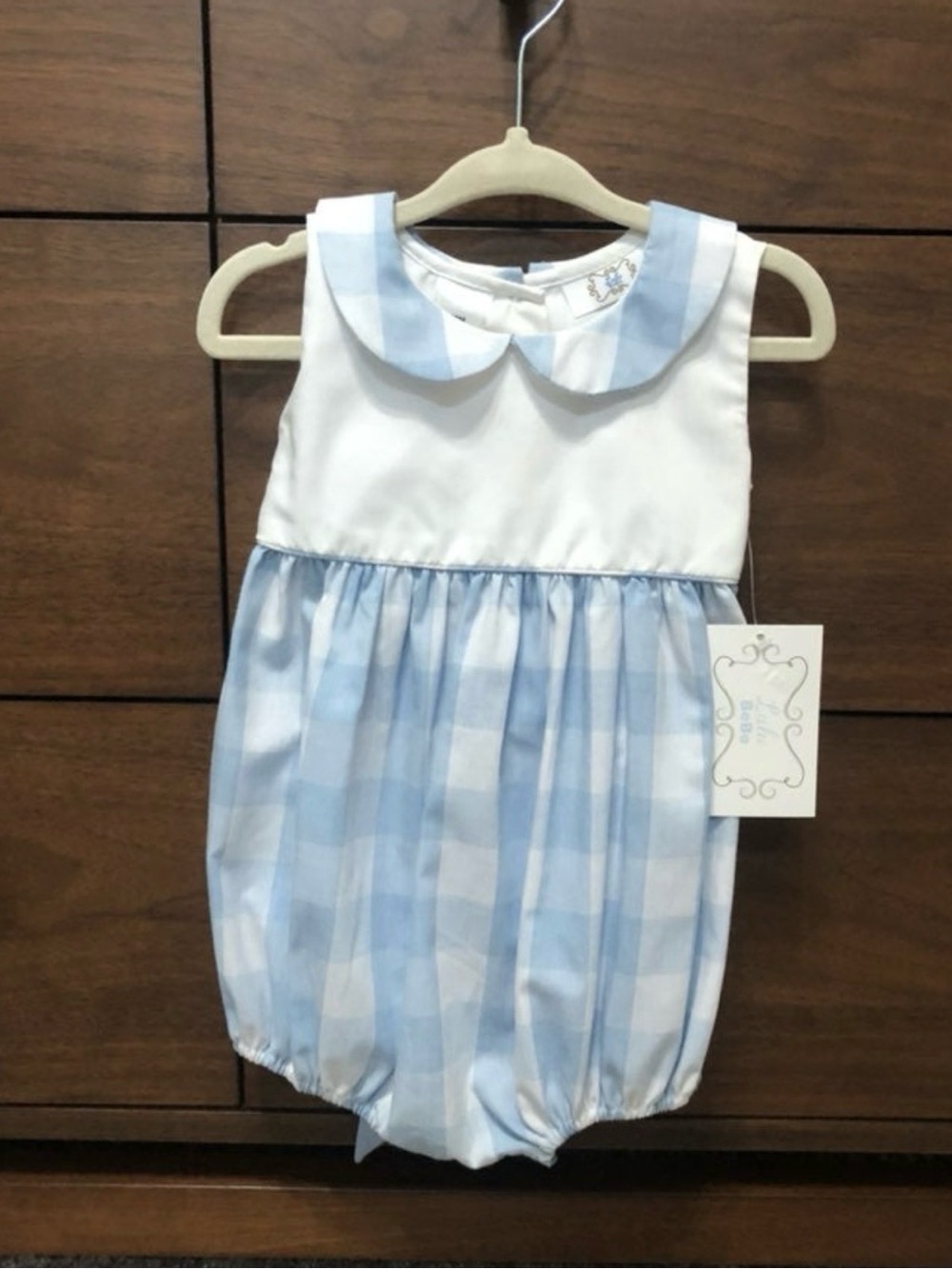 Lulu Bebe Blue gingham bubble with tie in the back EUC